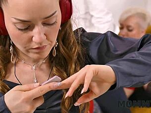 huge pierced mommy cougar seduces boyfriend with silicone titty trap