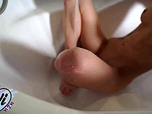 teen fingers tattooed pussy under bathroom water 💦🛁