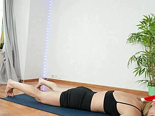 wow sexy blonde flexes yoga legs in christmas leggings dance