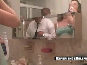 Housewife gives deepthroat blowjob while husband watches anal video