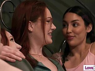 redhead milf licks teen pussy in hot lesbian group sex