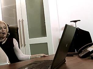 blonde milf secretary fucks boss desk ripping fishnets!