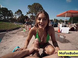 jc wilds swallows johnny love's huge cock at wet car wash outdoor