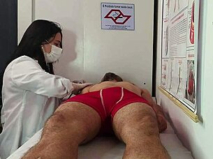 nurse watches patient's huge erection during workout check