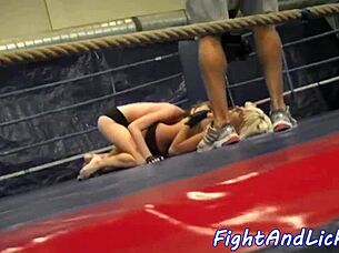 wrestling babe licks fake tit lesbian