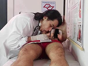 nurse watches patient's huge erection during workout check