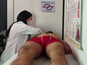 nurse watches patient's huge erection during workout check