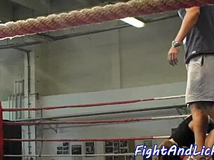 wrestling babe licks fake tit lesbian