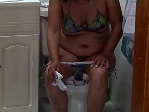 stepmom pisses hairy pussy post fuck wash