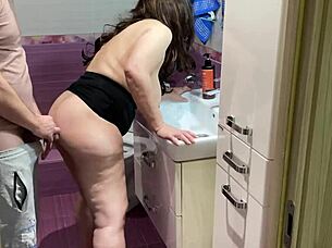 milf's big ass fucked in bathroom while sucking dick