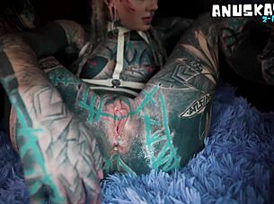 Latex Tattooed Girl's ANAL ORGASM Gapes Prolapses Metal Toy!