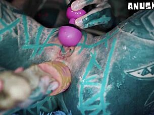 Latex Tattooed Girl's ANAL ORGASM Gapes Prolapses Metal Toy!