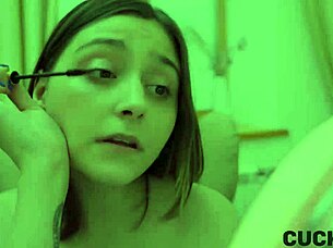 cute shy brunette wife cheats hard on sofa while husband watches every thrust