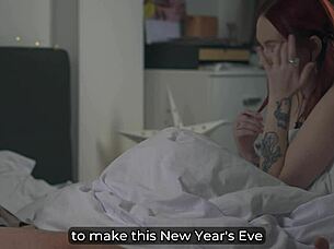 Curvy redhead sneaks bed new years ride daddy cock tight pussy