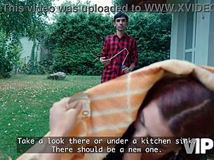 She masters cheating redhead blowjobs on big cock outdoor!