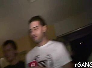 guys rip clothes off cute chicks for hardcore gangbang pounding at the club