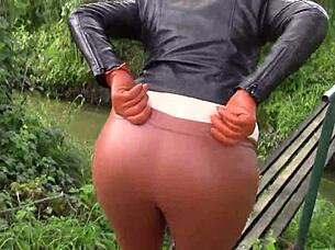 Milf Smokes in Tight Cinnamon Leather