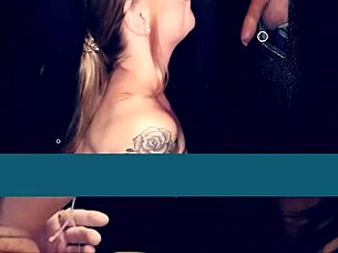 hot brunette slurps deep on cocks at gloryhole till cumshots