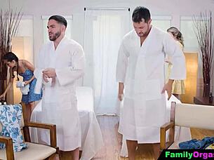 submissive girls treat dads to ultimate massage orgy day