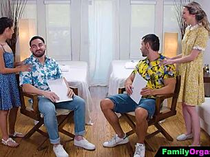 submissive girls treat dads to ultimate massage orgy day