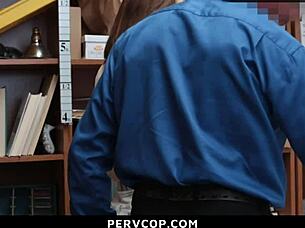 caucasian shoplifter caught stealing detained by pervcop in store garage