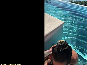 couple gives dirty talk public blowjob at infinity pool