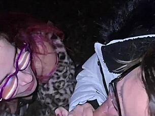 Two Sluts Deepthroat Cock and Gulp Cum in Garden