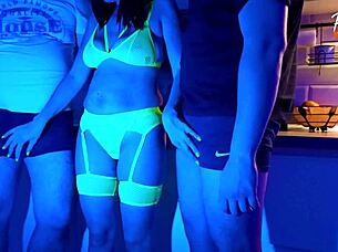 WIFE SUCKS TWO THROBBING COCKS IN NEON THREESOME FULL FUCK SCENE!