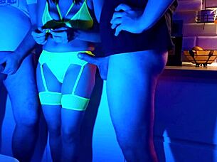 WIFE SUCKS TWO THROBBING COCKS IN NEON THREESOME FULL FUCK SCENE!