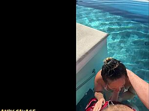 couple gives dirty talk public blowjob at infinity pool