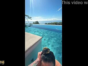 couple gives dirty talk public blowjob at infinity pool