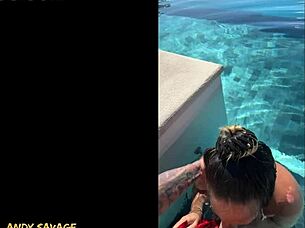 couple gives dirty talk public blowjob at infinity pool