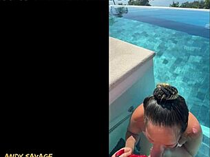 couple gives dirty talk public blowjob at infinity pool