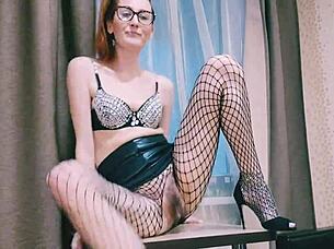 hey auntie in glasses fishnets teases her big clit hairy pussy for you dirty talk