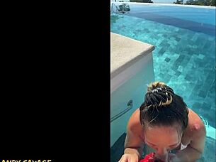 couple gives dirty talk public blowjob at infinity pool