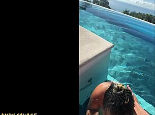 couple gives dirty talk public blowjob at infinity pool