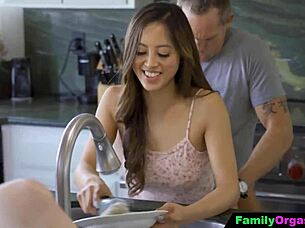 wanna watch this easygoing guy pound a young babe's tight ass bareback in the kitchen first thing?