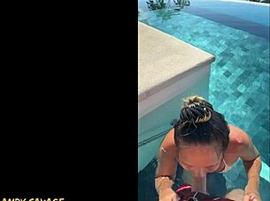 couple gives dirty talk public blowjob at infinity pool