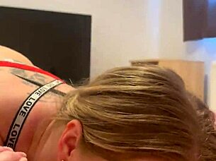 young blonde gives huge cock deepthroat blowjob in bedroom