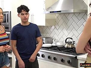 Naughty boyfriend sucks my tits at sink as his friend catches us leading to wild threesome fun