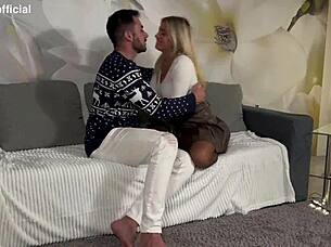 blonde slut in lingerie begs for christmas creampie pounding