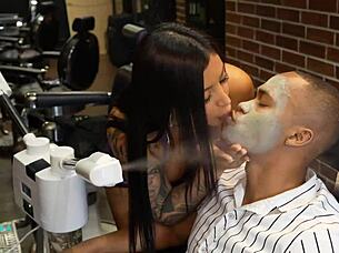 Sassy Ebony Colombian Fucks Client in Barbershop Barber Chair