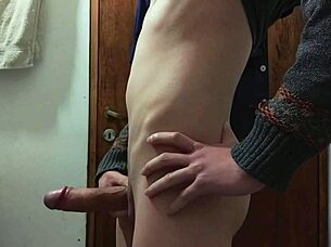 Stripping Half-Naked for Bathroom Cumshot Masturbation