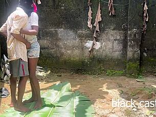 horny petite ebony babe backyard rides big black cock