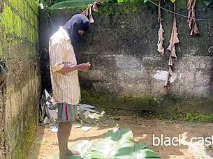 horny petite ebony babe backyard rides big black cock