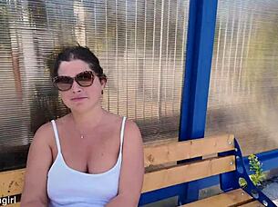 Cheating milf facefucked hard at public bus stop