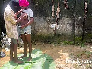 horny petite ebony babe backyard rides big black cock