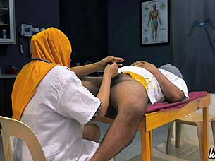 muslim hijab doctor strokes patient's cock checkup play