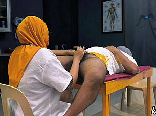 muslim hijab doctor strokes patient's cock checkup play