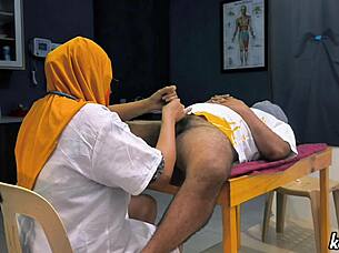 muslim hijab doctor strokes patient's cock checkup play
